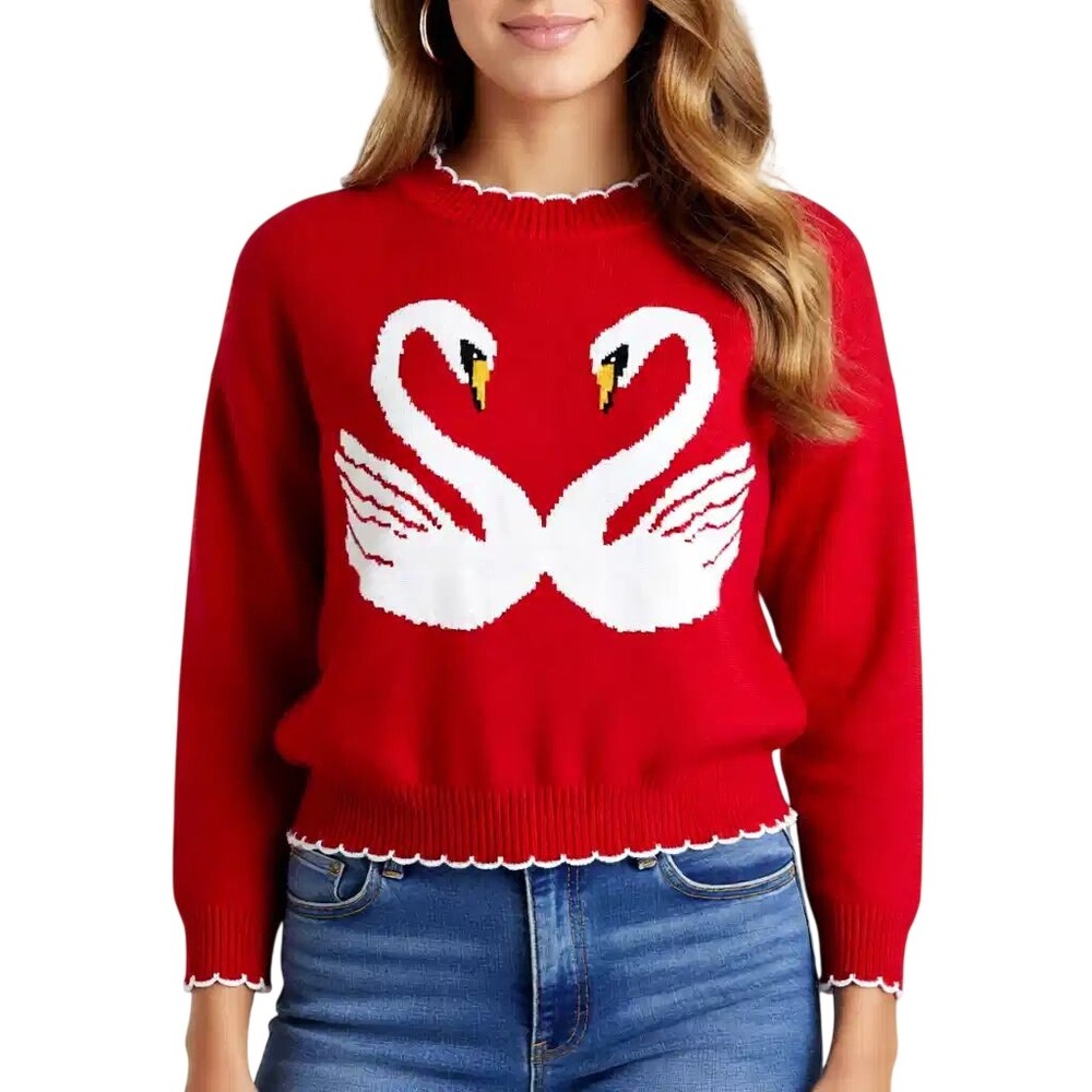 Luna Ivy Red Swan Intarsia Scallop Trim Crewneck Sweater Small NWT